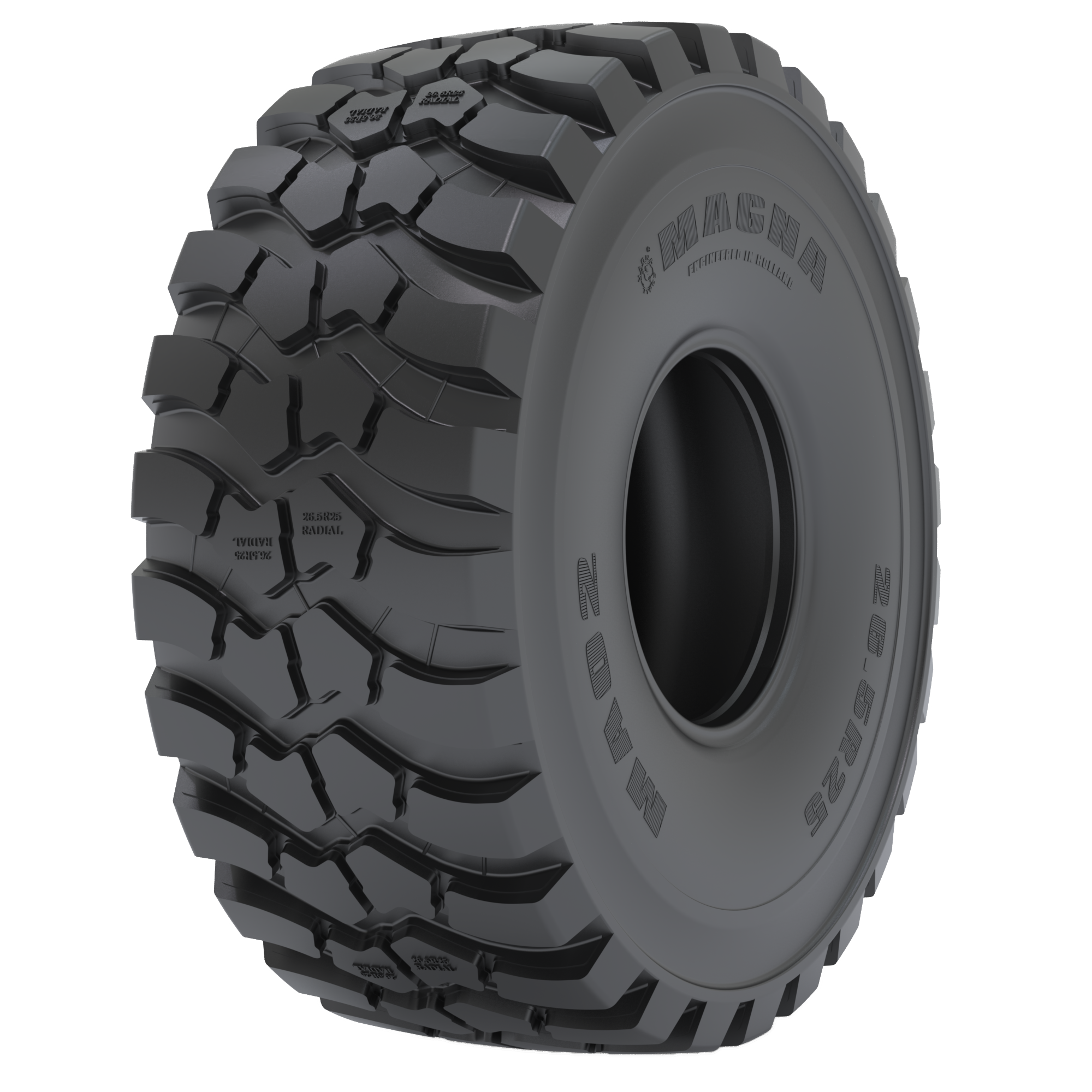 The MA02 earthmoving tyre is suitable for wheel loaders, scrapers, graders, and ADTs, delivering excellent grip and durability on rough terrain.